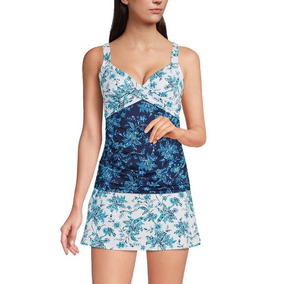 Lands End Wrap Underwire Tankini Swim Top Tummy Control Underwire Blue 8 - Picture 1 of 5